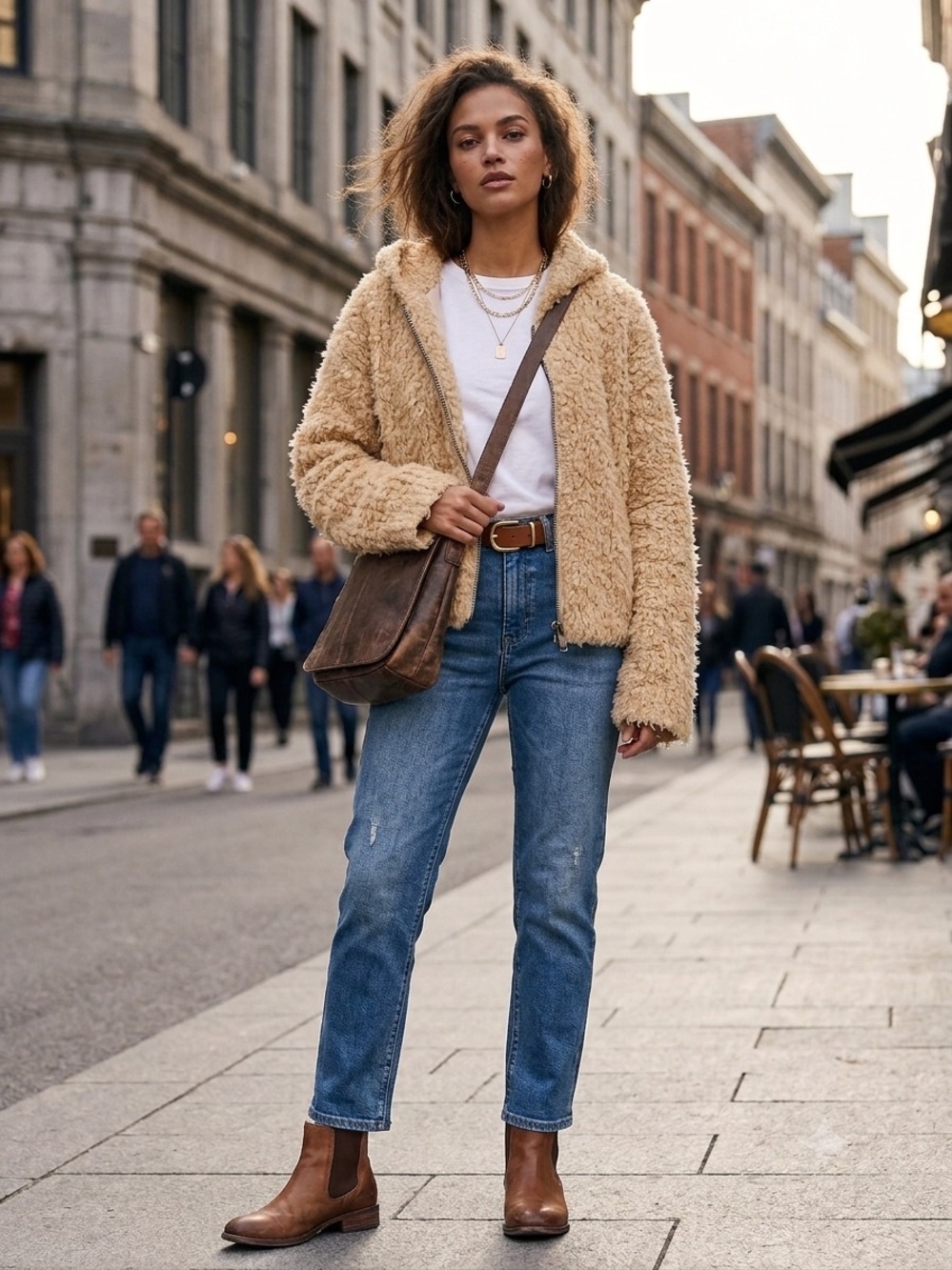 Free People Chunky Hooded Zip Teddy Jacket in Camel